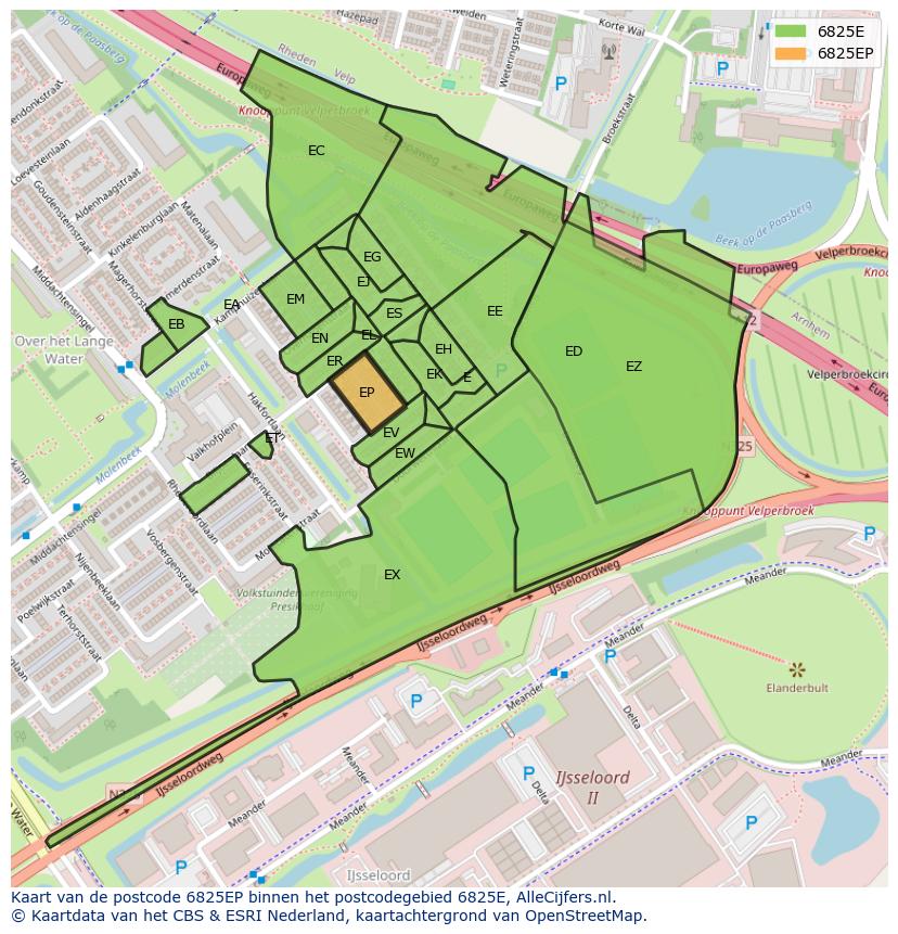 Afbeelding van het postcodegebied 6825 EP op de kaart.