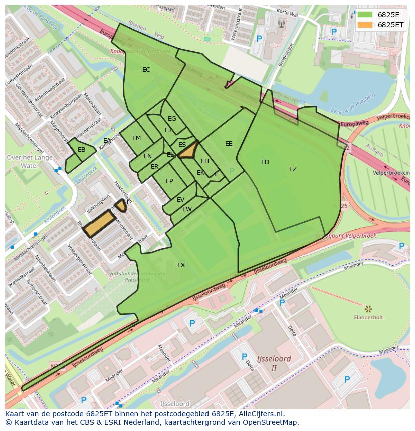 Afbeelding van het postcodegebied 6825 ET op de kaart.