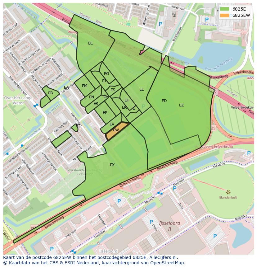 Afbeelding van het postcodegebied 6825 EW op de kaart.