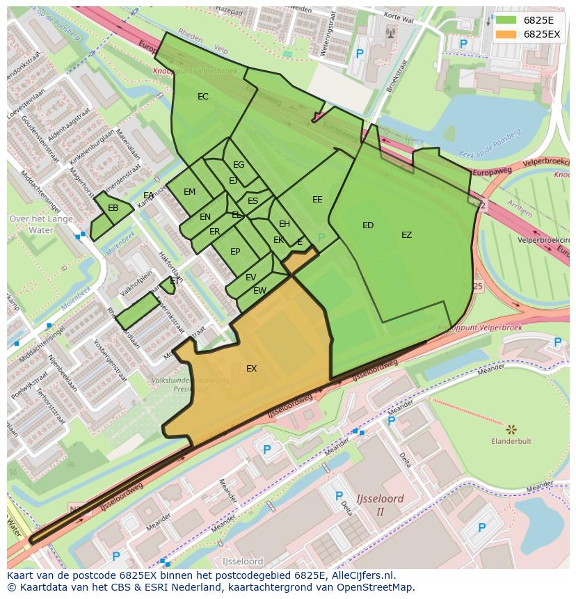 Afbeelding van het postcodegebied 6825 EX op de kaart.