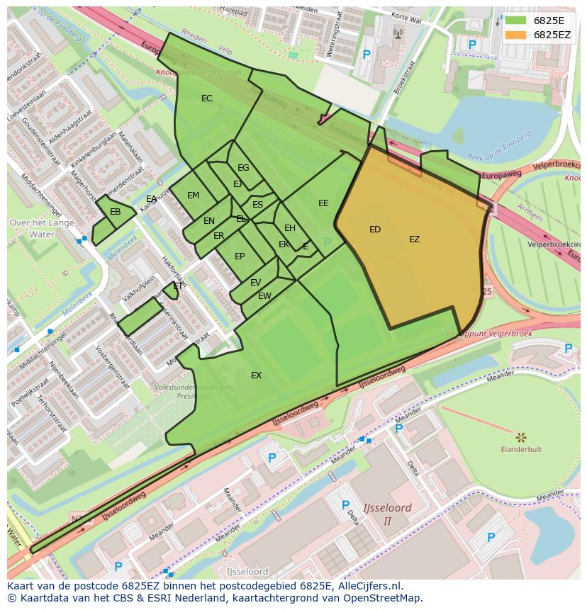 Afbeelding van het postcodegebied 6825 EZ op de kaart.