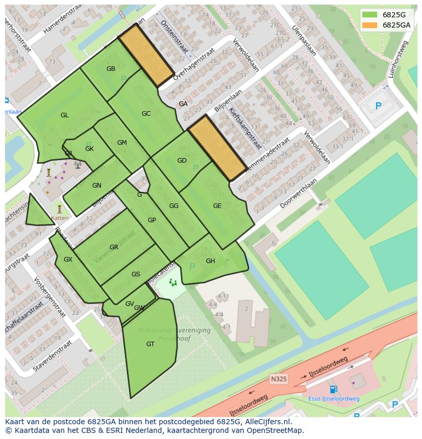 Afbeelding van het postcodegebied 6825 GA op de kaart.