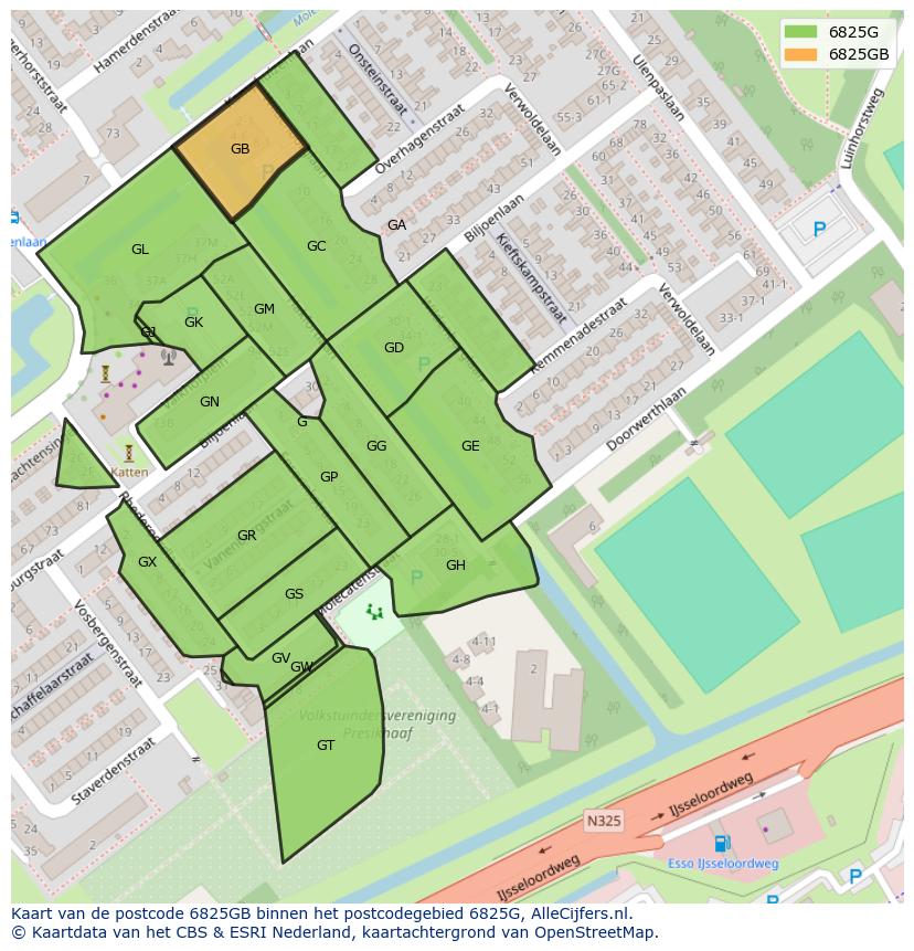 Afbeelding van het postcodegebied 6825 GB op de kaart.