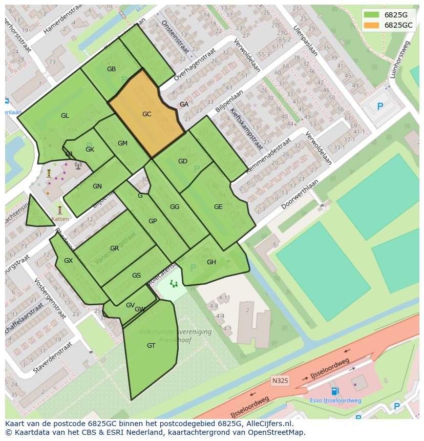 Afbeelding van het postcodegebied 6825 GC op de kaart.