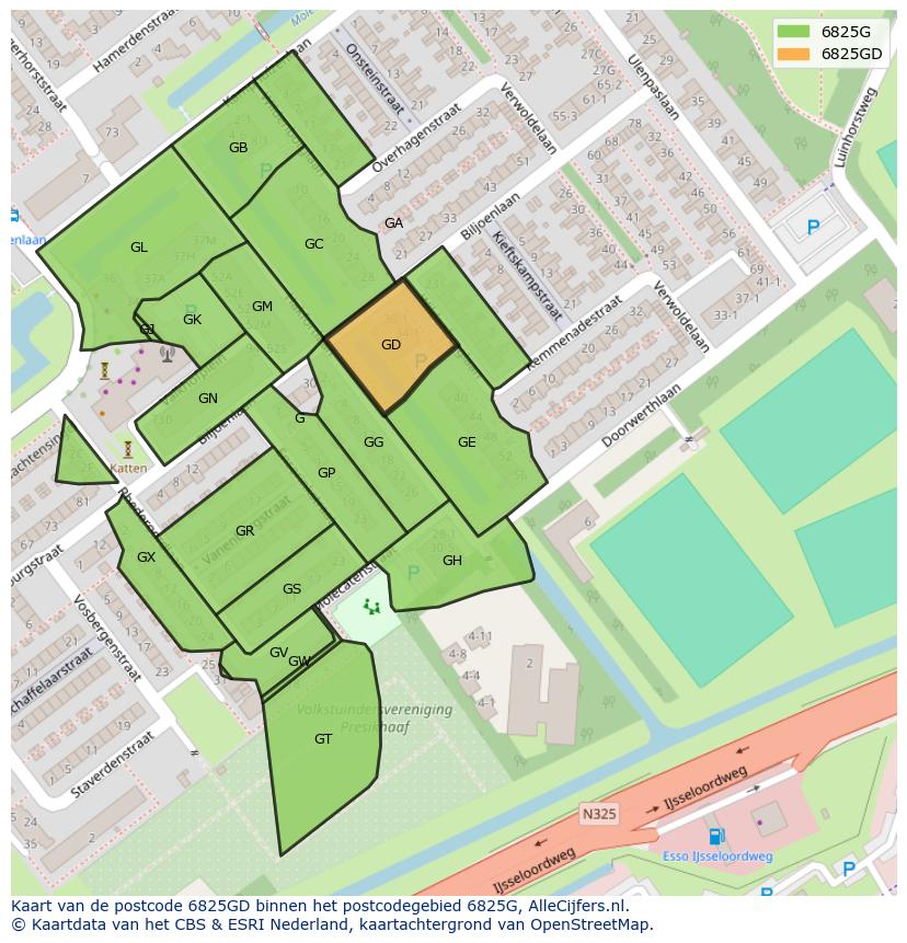 Afbeelding van het postcodegebied 6825 GD op de kaart.