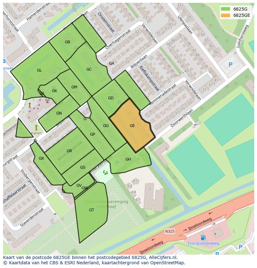 Afbeelding van het postcodegebied 6825 GE op de kaart.