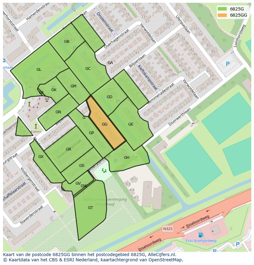 Afbeelding van het postcodegebied 6825 GG op de kaart.