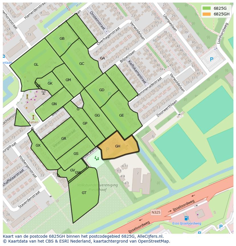 Afbeelding van het postcodegebied 6825 GH op de kaart.