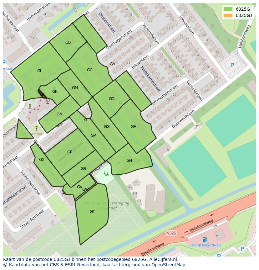 Afbeelding van het postcodegebied 6825 GJ op de kaart.