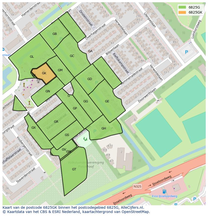Afbeelding van het postcodegebied 6825 GK op de kaart.