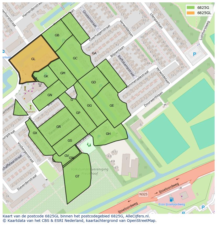 Afbeelding van het postcodegebied 6825 GL op de kaart.
