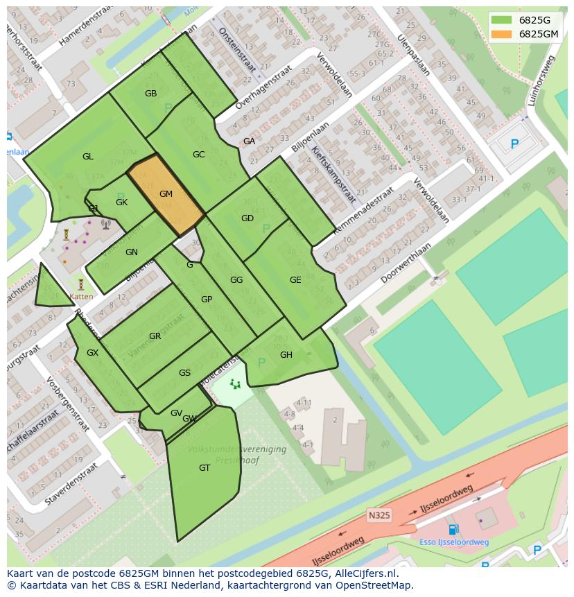 Afbeelding van het postcodegebied 6825 GM op de kaart.