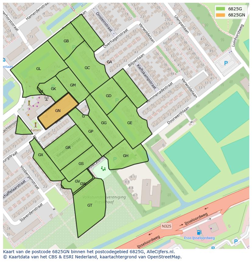 Afbeelding van het postcodegebied 6825 GN op de kaart.