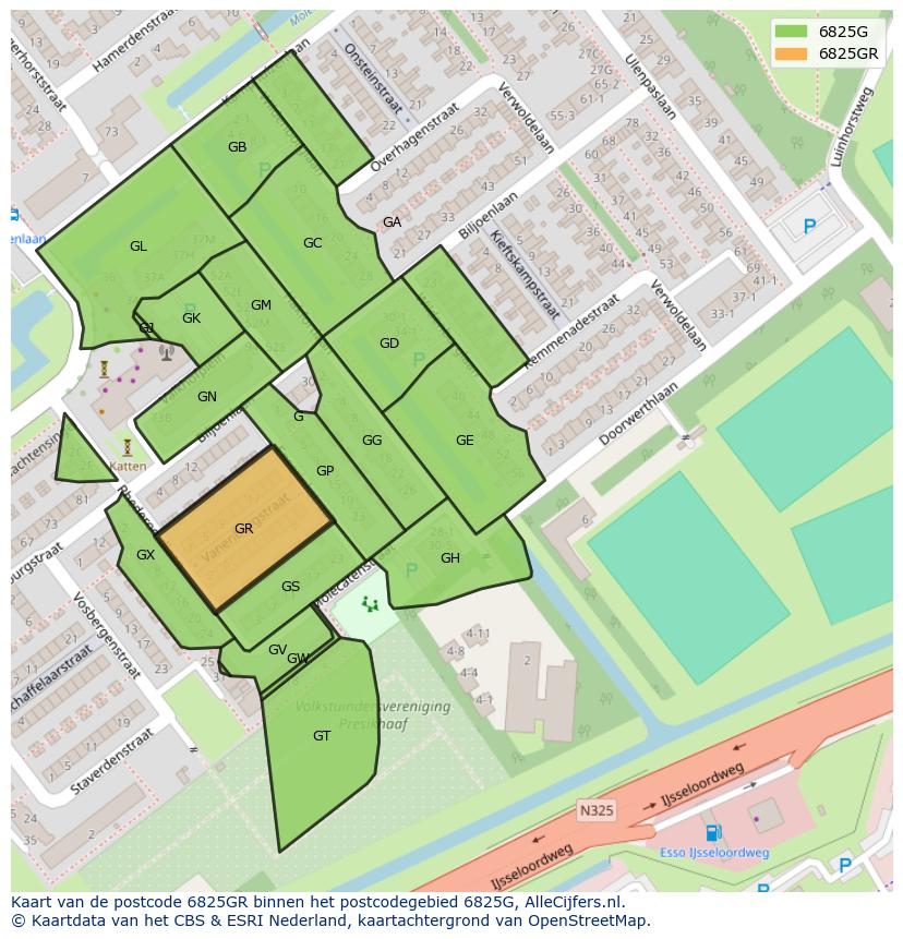 Afbeelding van het postcodegebied 6825 GR op de kaart.