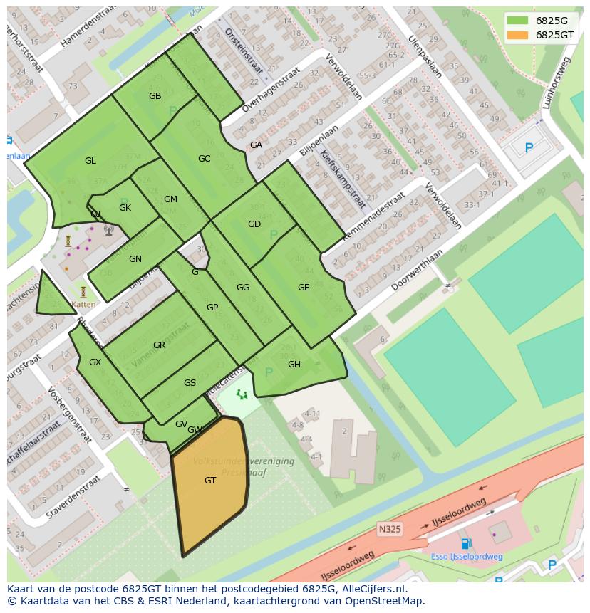 Afbeelding van het postcodegebied 6825 GT op de kaart.