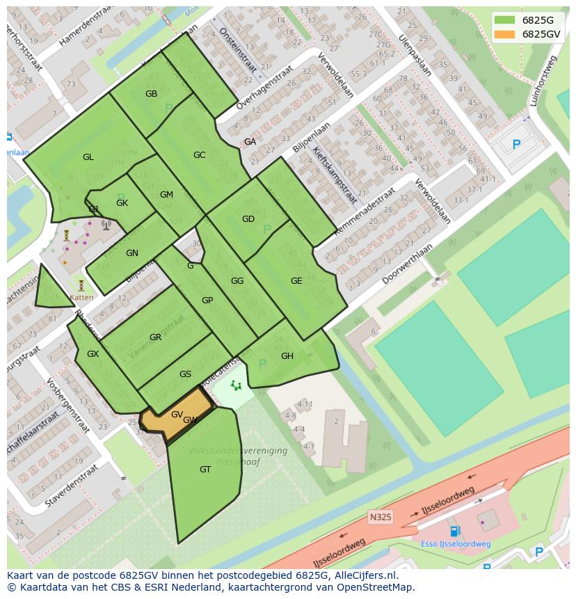 Afbeelding van het postcodegebied 6825 GV op de kaart.