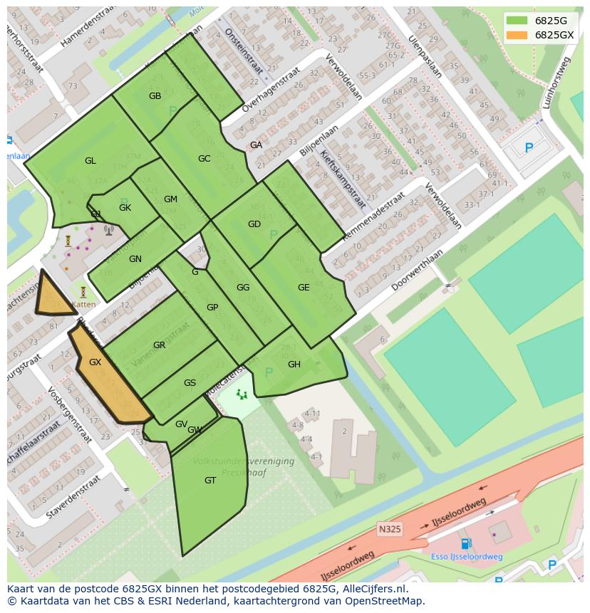 Afbeelding van het postcodegebied 6825 GX op de kaart.