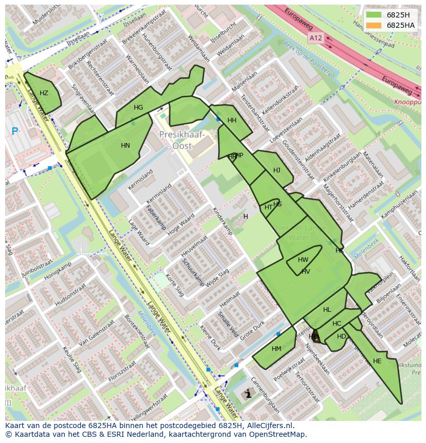 Afbeelding van het postcodegebied 6825 HA op de kaart.