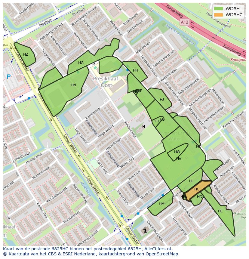 Afbeelding van het postcodegebied 6825 HC op de kaart.