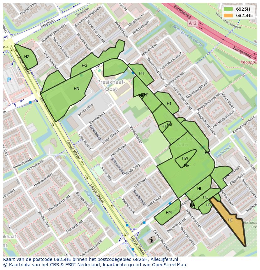 Afbeelding van het postcodegebied 6825 HE op de kaart.