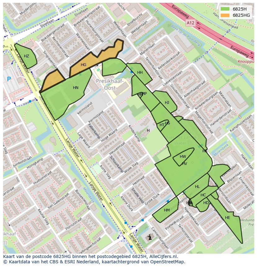 Afbeelding van het postcodegebied 6825 HG op de kaart.