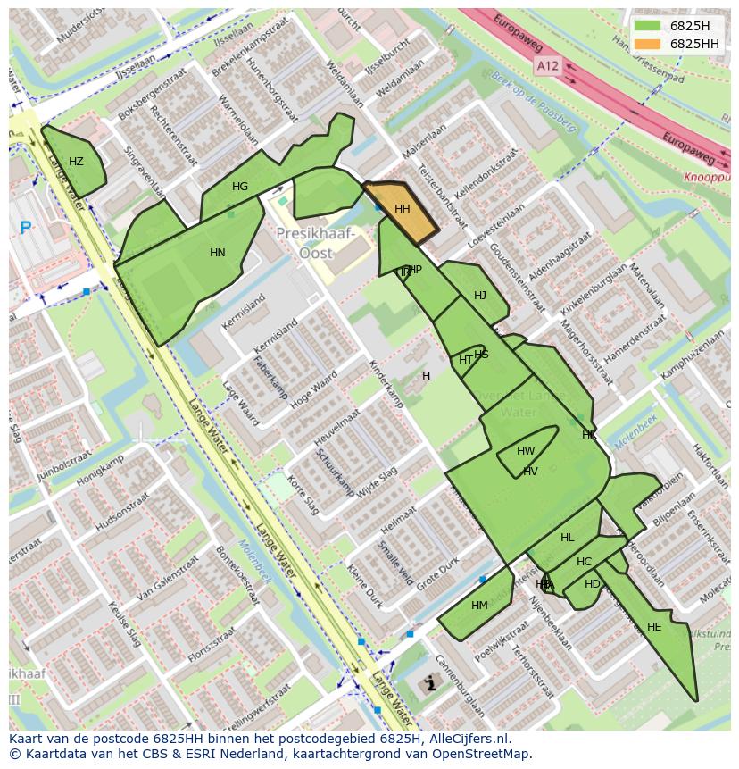 Afbeelding van het postcodegebied 6825 HH op de kaart.