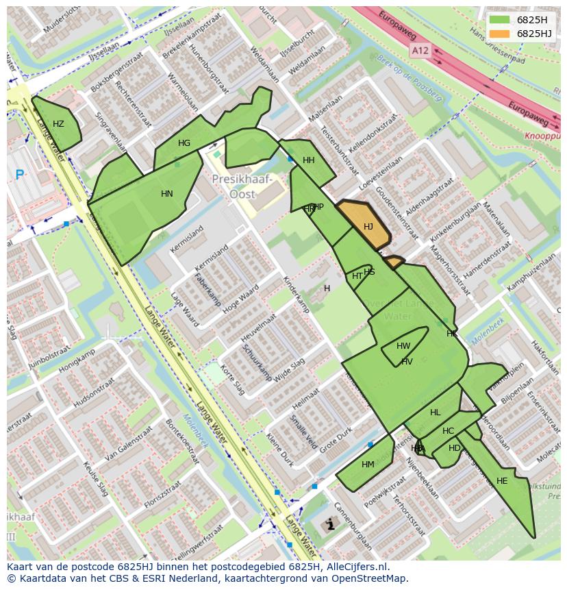 Afbeelding van het postcodegebied 6825 HJ op de kaart.