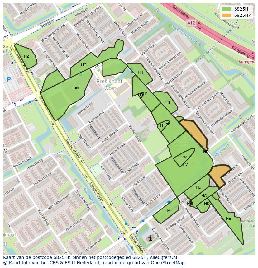 Afbeelding van het postcodegebied 6825 HK op de kaart.