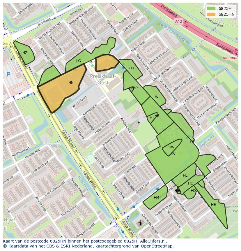 Afbeelding van het postcodegebied 6825 HN op de kaart.