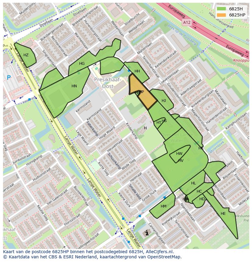 Afbeelding van het postcodegebied 6825 HP op de kaart.