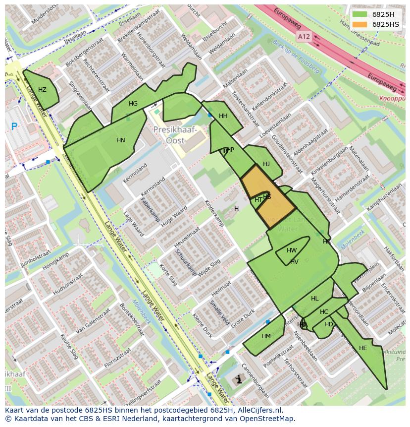 Afbeelding van het postcodegebied 6825 HS op de kaart.