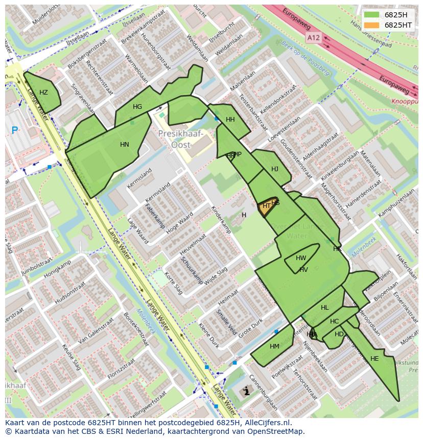Afbeelding van het postcodegebied 6825 HT op de kaart.
