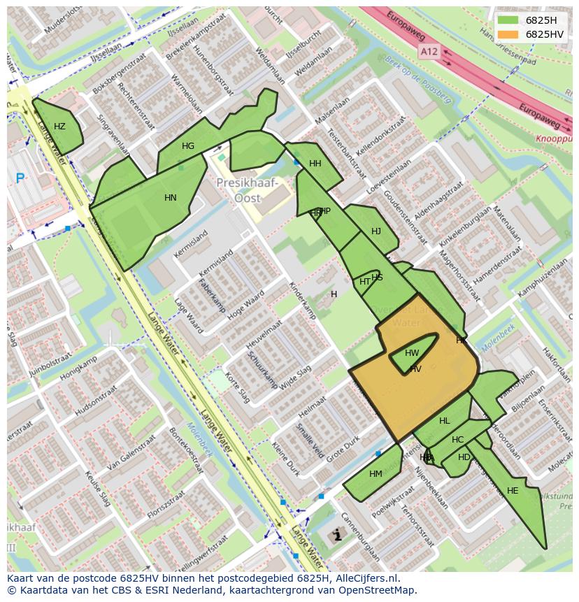 Afbeelding van het postcodegebied 6825 HV op de kaart.
