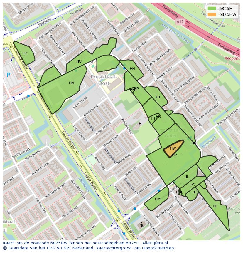 Afbeelding van het postcodegebied 6825 HW op de kaart.