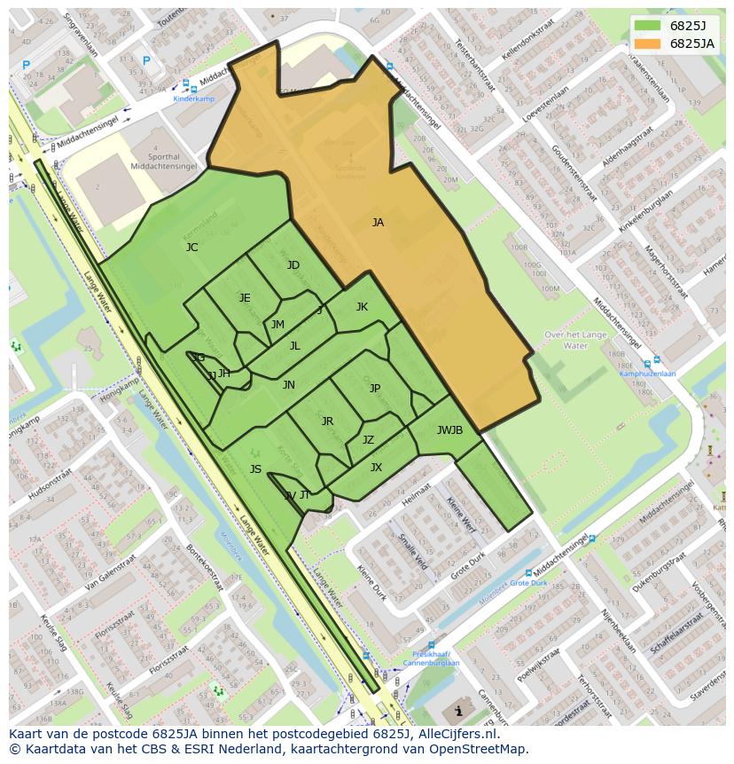 Afbeelding van het postcodegebied 6825 JA op de kaart.