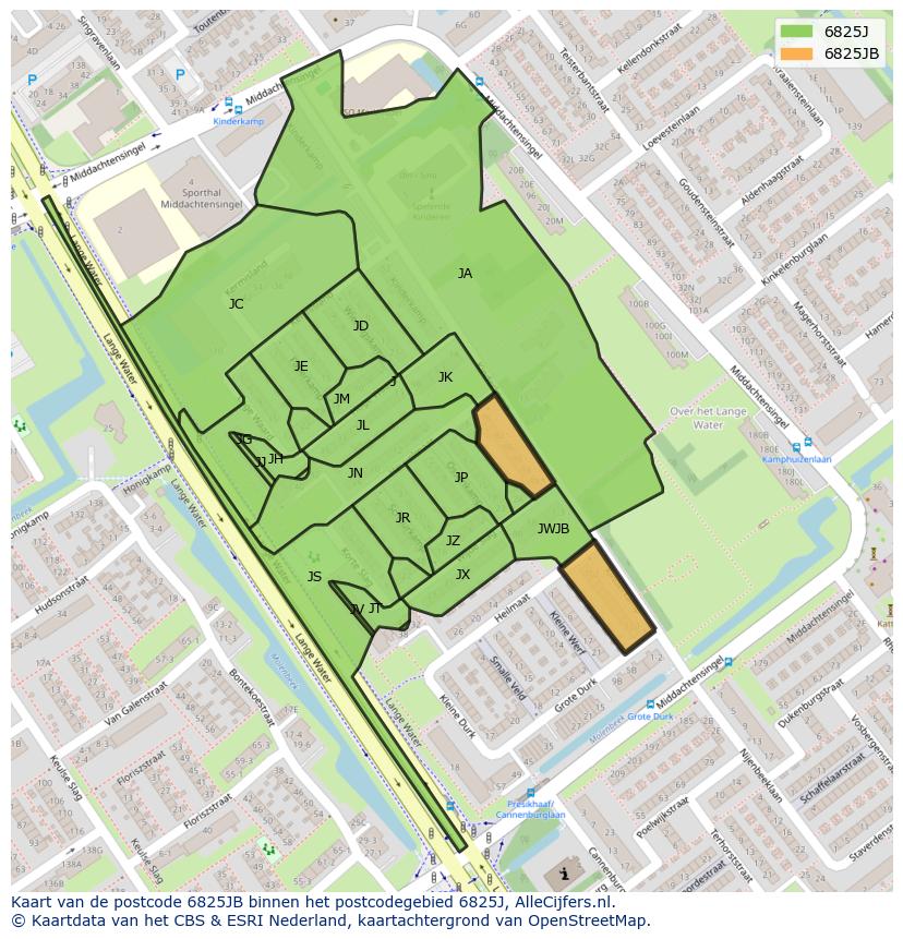 Afbeelding van het postcodegebied 6825 JB op de kaart.