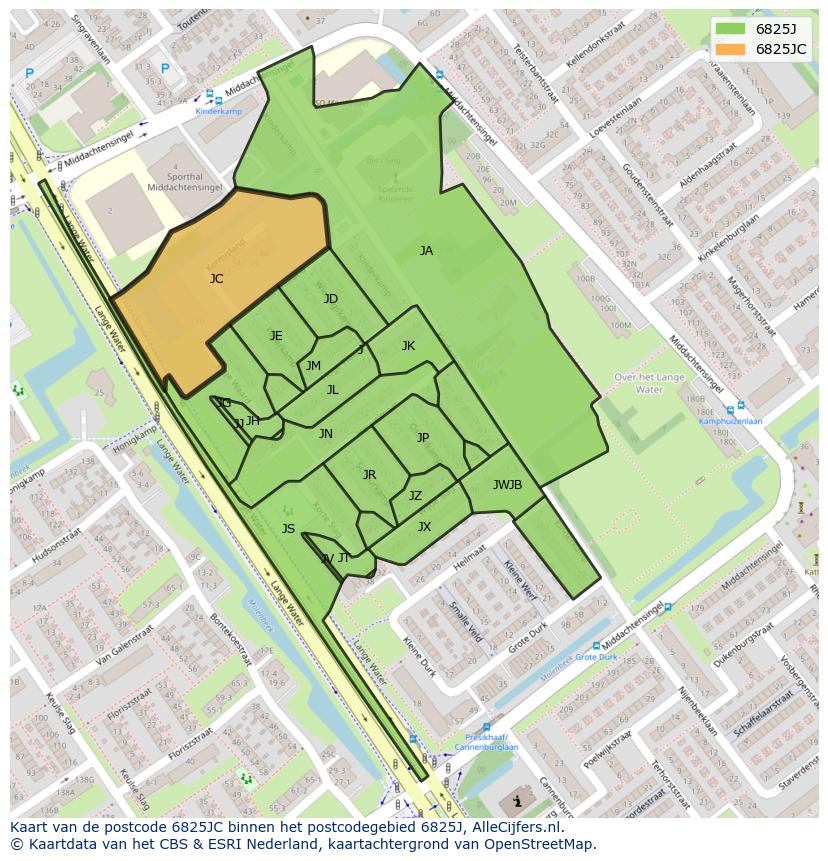 Afbeelding van het postcodegebied 6825 JC op de kaart.