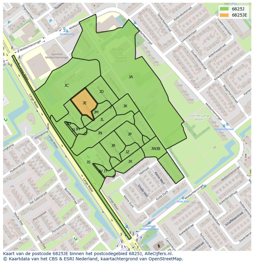 Afbeelding van het postcodegebied 6825 JE op de kaart.