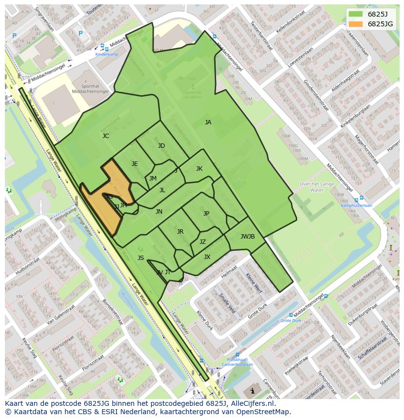 Afbeelding van het postcodegebied 6825 JG op de kaart.