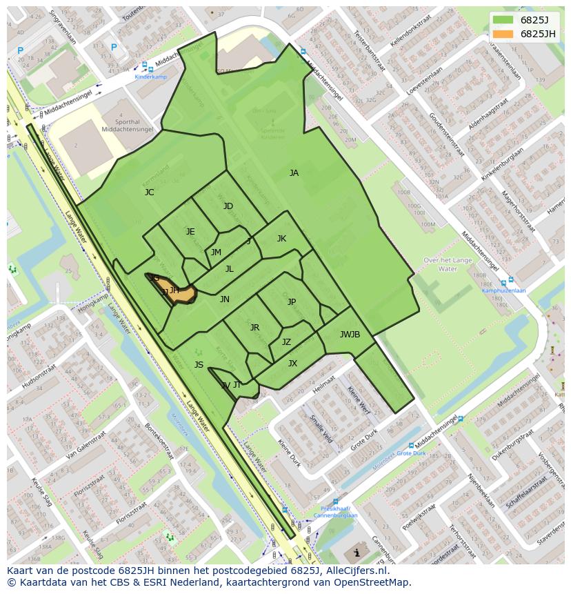 Afbeelding van het postcodegebied 6825 JH op de kaart.