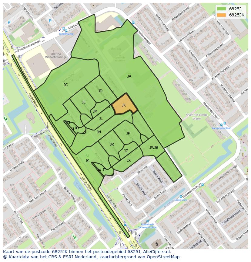 Afbeelding van het postcodegebied 6825 JK op de kaart.