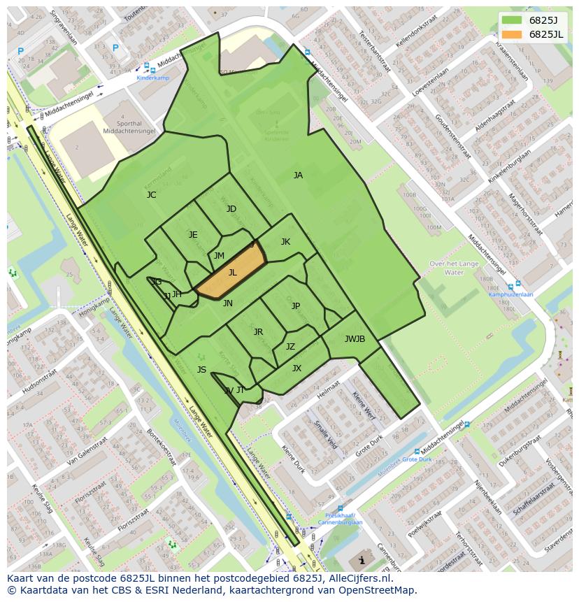 Afbeelding van het postcodegebied 6825 JL op de kaart.