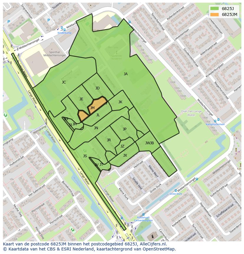 Afbeelding van het postcodegebied 6825 JM op de kaart.