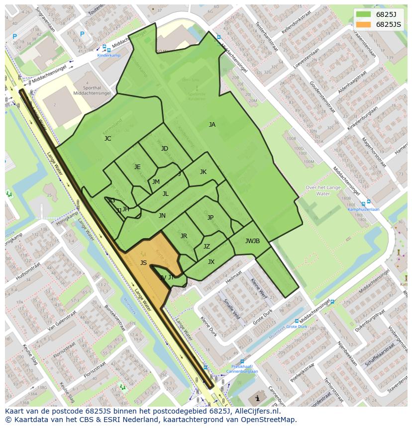 Afbeelding van het postcodegebied 6825 JS op de kaart.