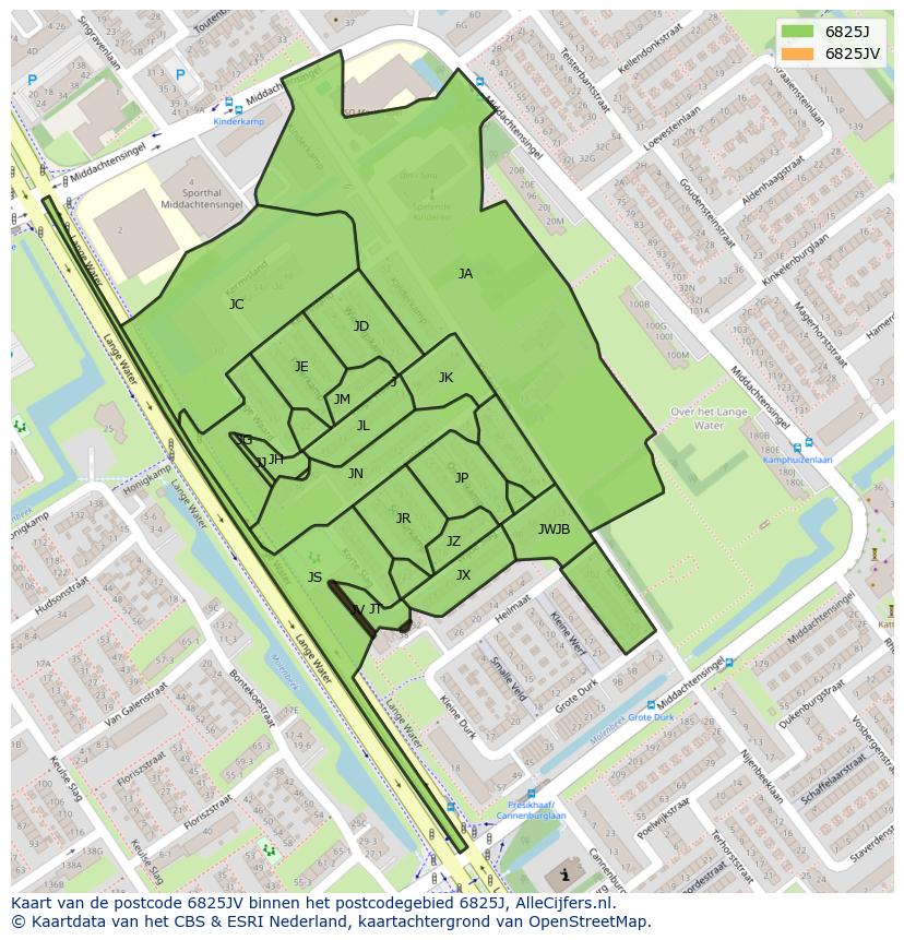 Afbeelding van het postcodegebied 6825 JV op de kaart.