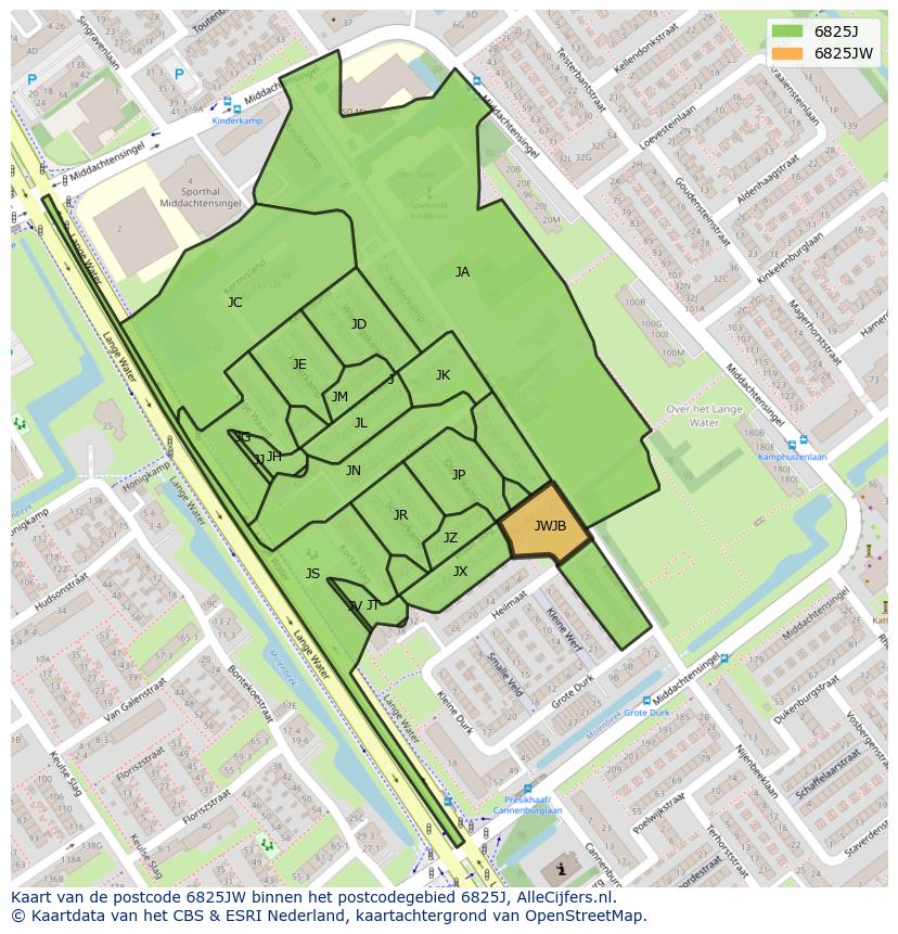 Afbeelding van het postcodegebied 6825 JW op de kaart.