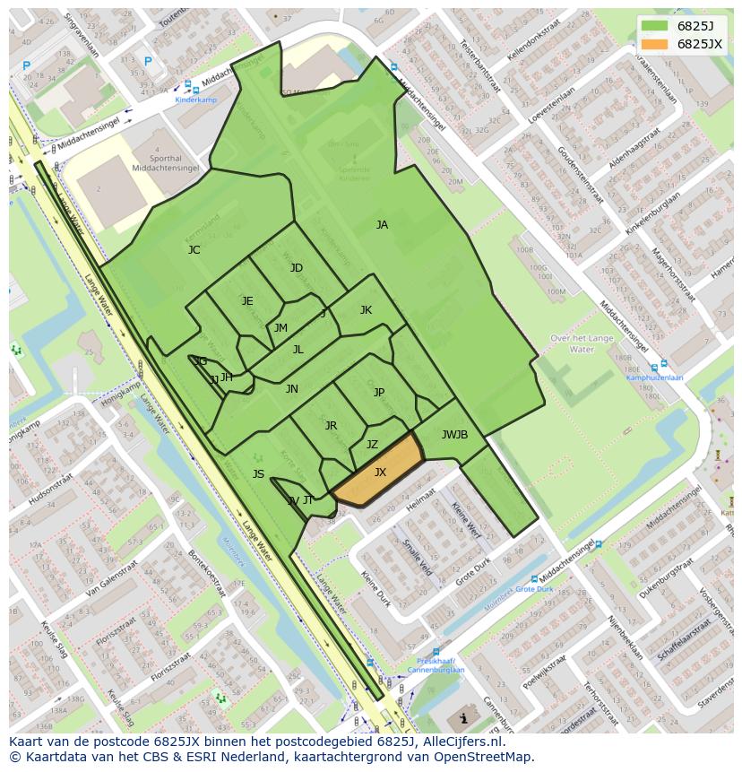 Afbeelding van het postcodegebied 6825 JX op de kaart.