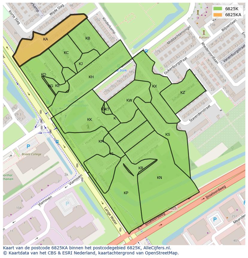 Afbeelding van het postcodegebied 6825 KA op de kaart.