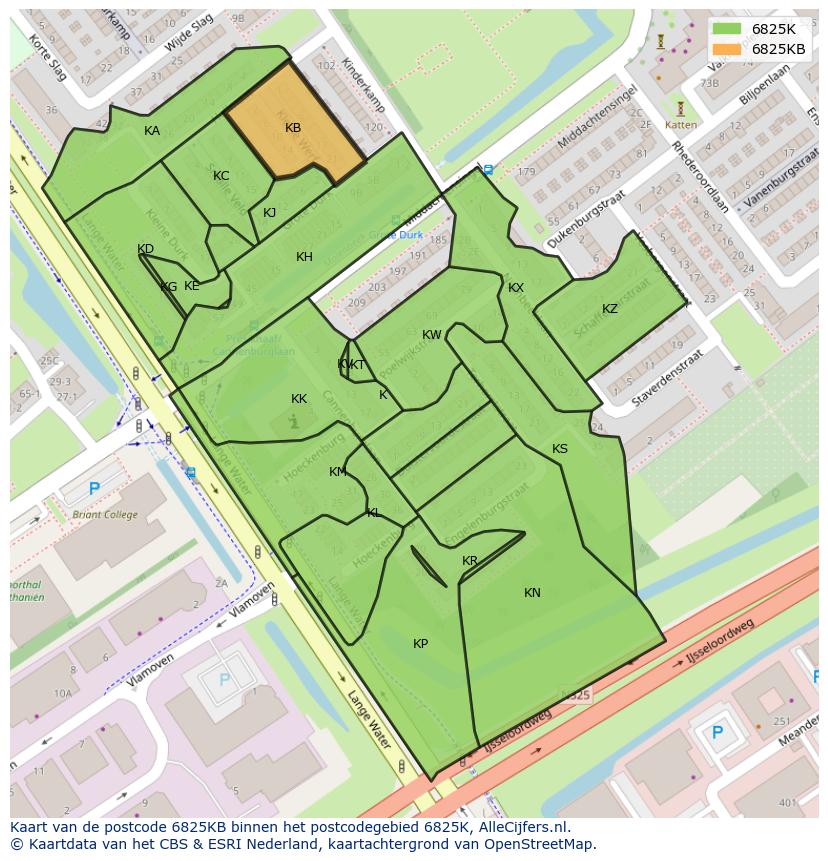 Afbeelding van het postcodegebied 6825 KB op de kaart.