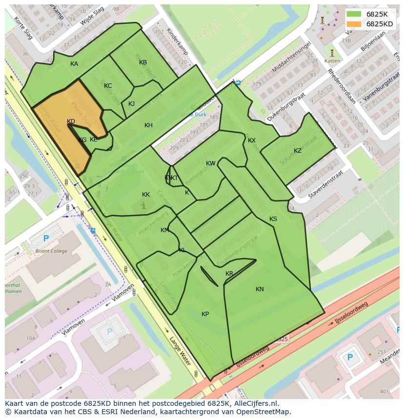 Afbeelding van het postcodegebied 6825 KD op de kaart.